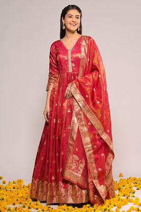 Fuchsia Pink Color Mantellic Tissue Embroidered and Woven Anarkali Suit