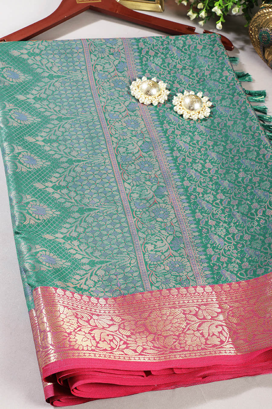 Firozi Cotton Silk Resham & Zari Woven Saree