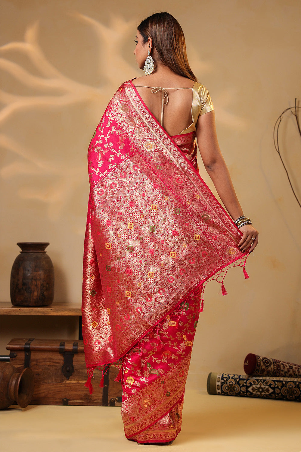 Cherry Red Colour Silk Zari & Resham Woven Saree