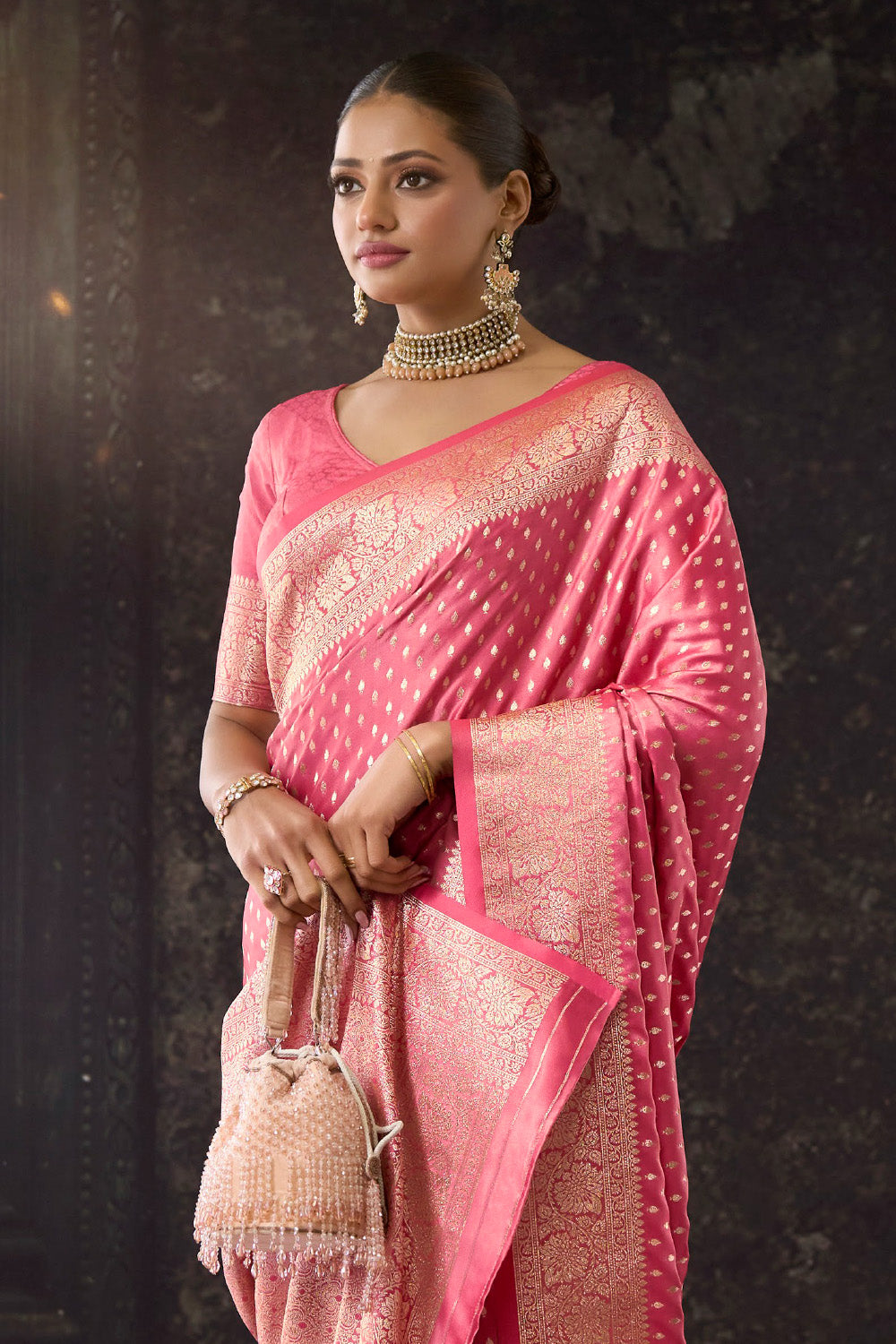 Dusty Pink Zari Woven Soft Silk Saree