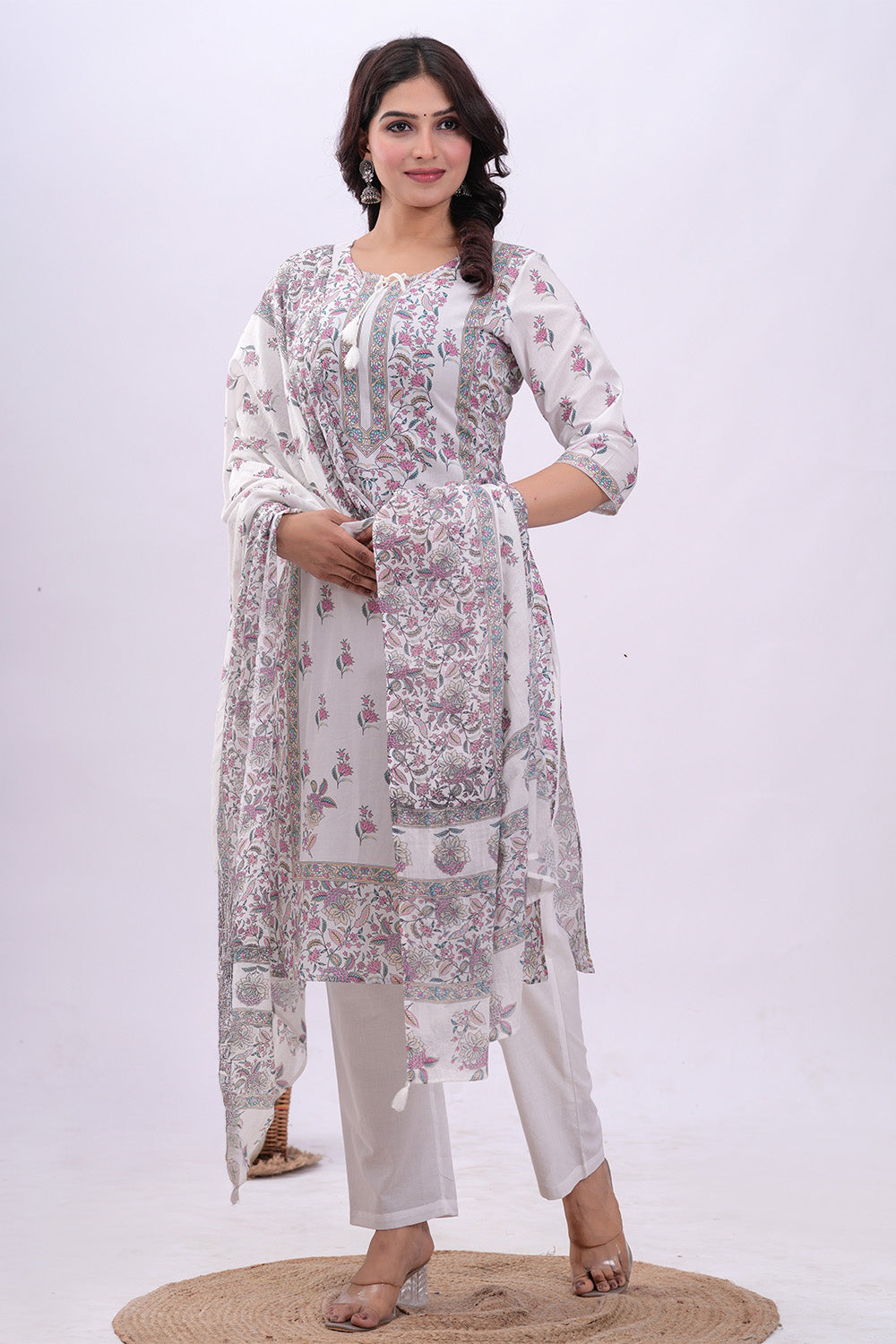 Pink & Cream Color Cotton Floral Printed Straight Suit