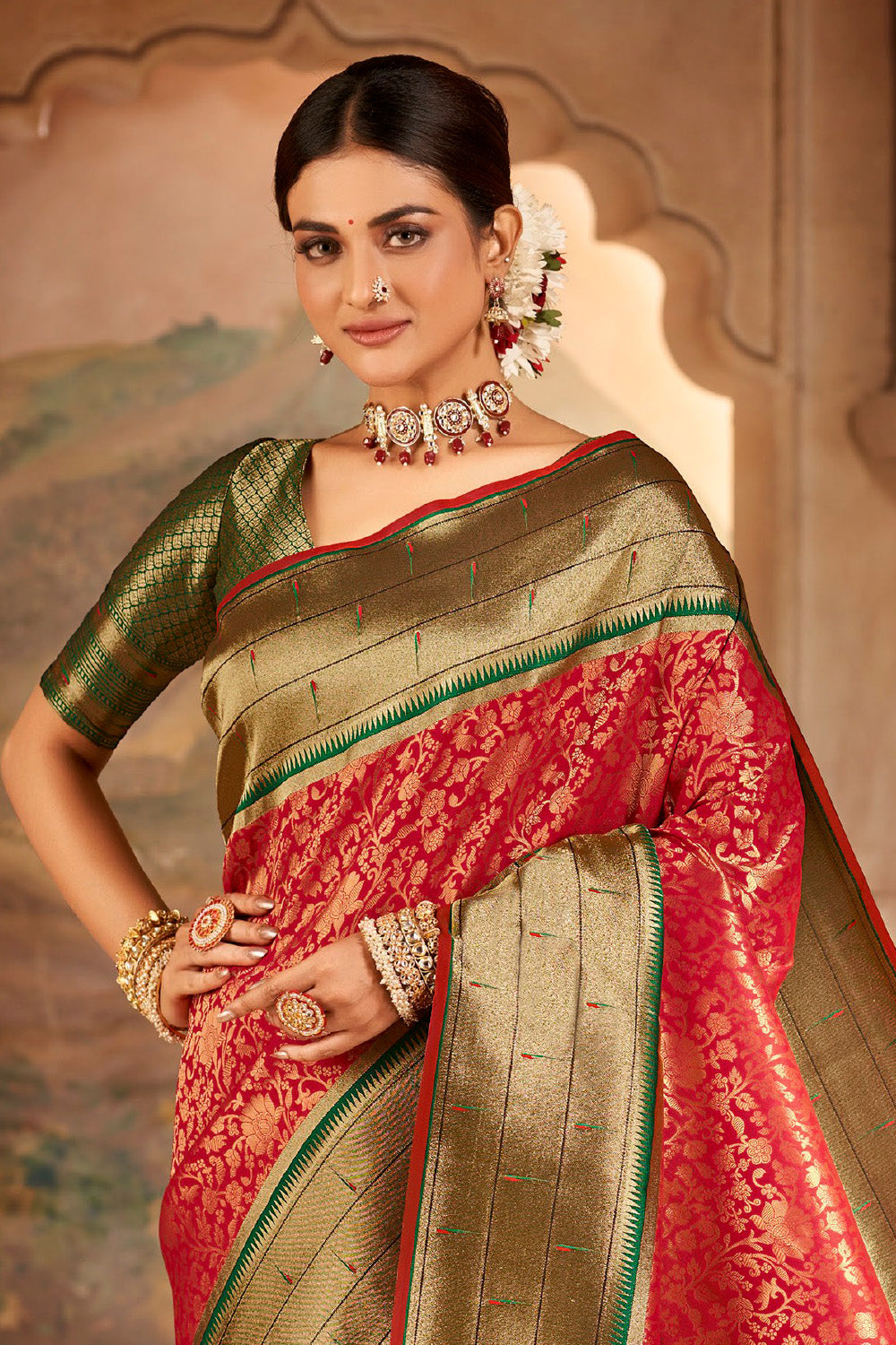 Red & Green Color Paithani Woven Silk Saree