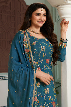 Blue Color Embroidered Crepe Unstitched Suit Material With Stitched Sharara