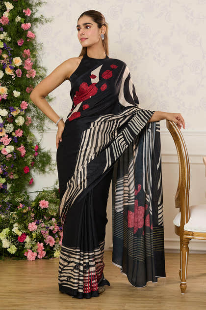 Black Jacquard Silk Floral Printed Saree