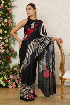 Black Jacquard Silk Floral Printed Saree