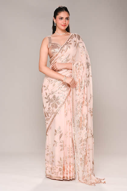 Baby Pink Color Georgette Sequins Embroidered Saree
