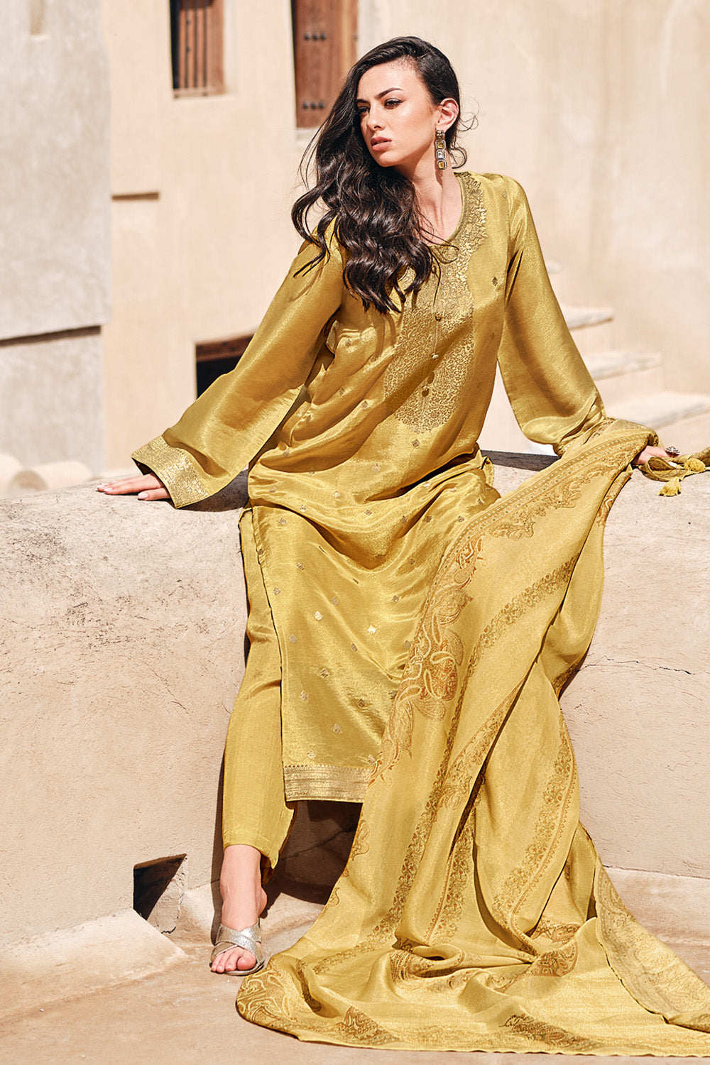 Mustard Color Crepe Silk Woven Unstitched Suit Fabric