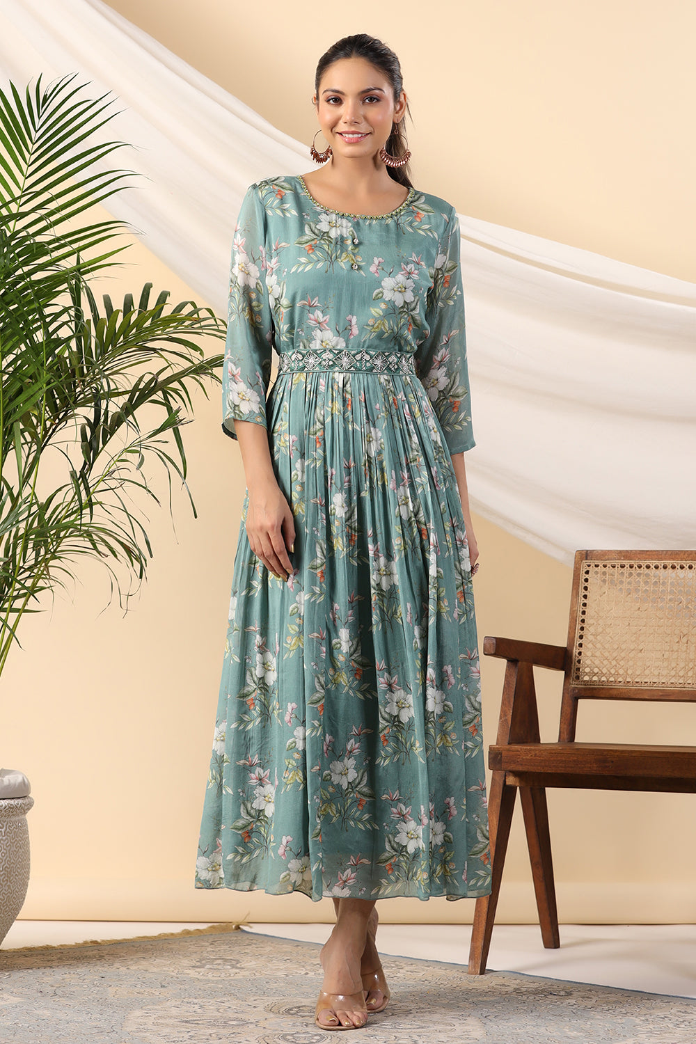 Teal Color Crepe Printed Peonies Dress