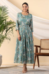 Teal Color Crepe Printed Peonies Dress