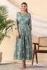 Teal Color Crepe Printed Peonies Dress