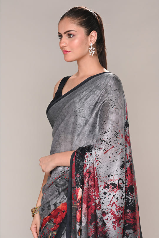 Grey Color Jacquard Silk Printed Saree