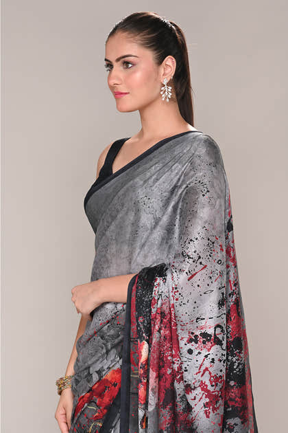 Grey Color Jacquard Silk Printed Saree