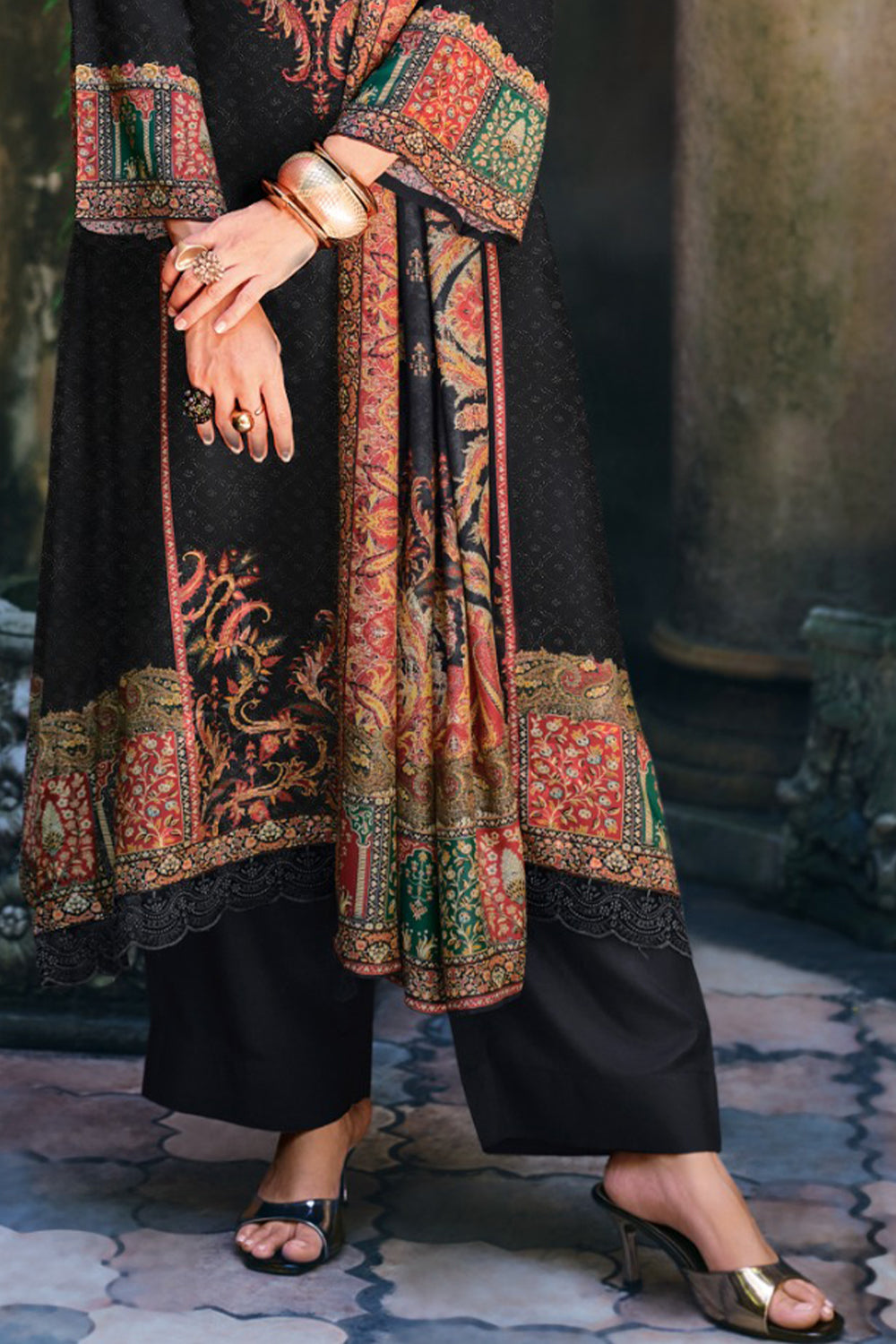 Black Silk Woven And Printed Unstitched Suit Material