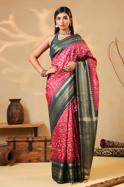 Deep Carmine Tussar Silk Floral Printed and Zari Woven Saree