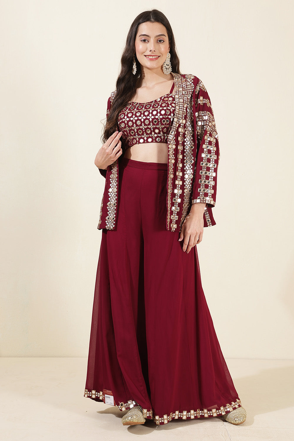 Wine Color Georgette Mirror Work Crop-Top with Jacket and Palazzo