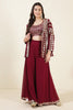 Wine Color Georgette Mirror Work Crop-Top with Jacket and Palazzo