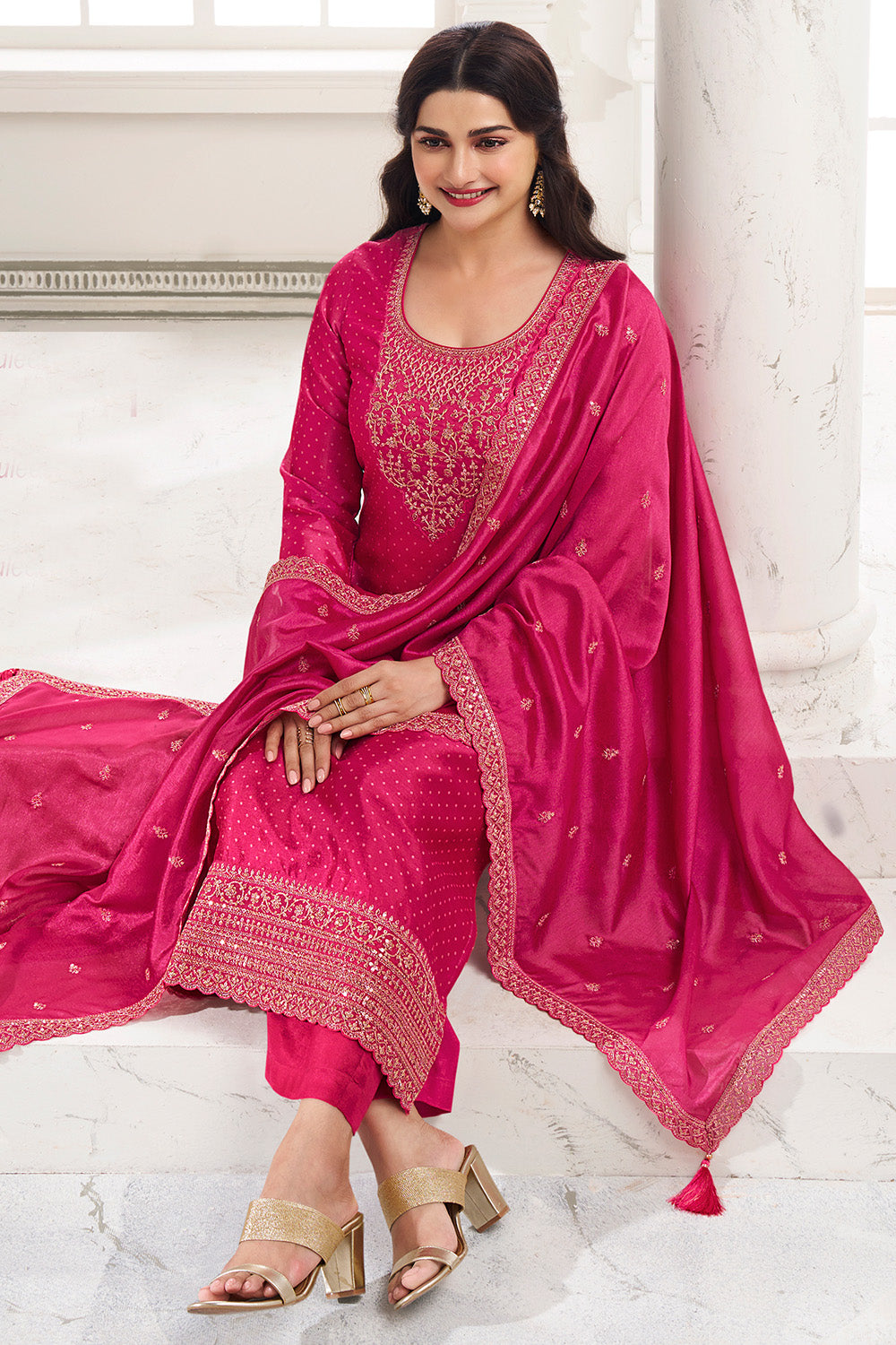 Fuchsia Pink Color Silk Embroidered Unstitched Suit Fabric