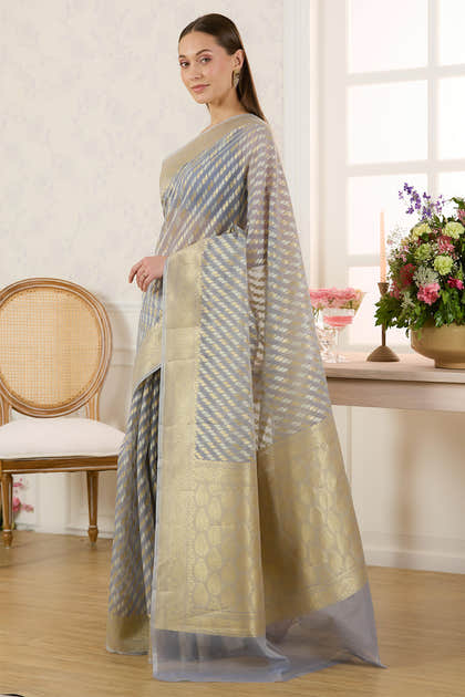 Grey Metalic Tissue Zari Woven Saree