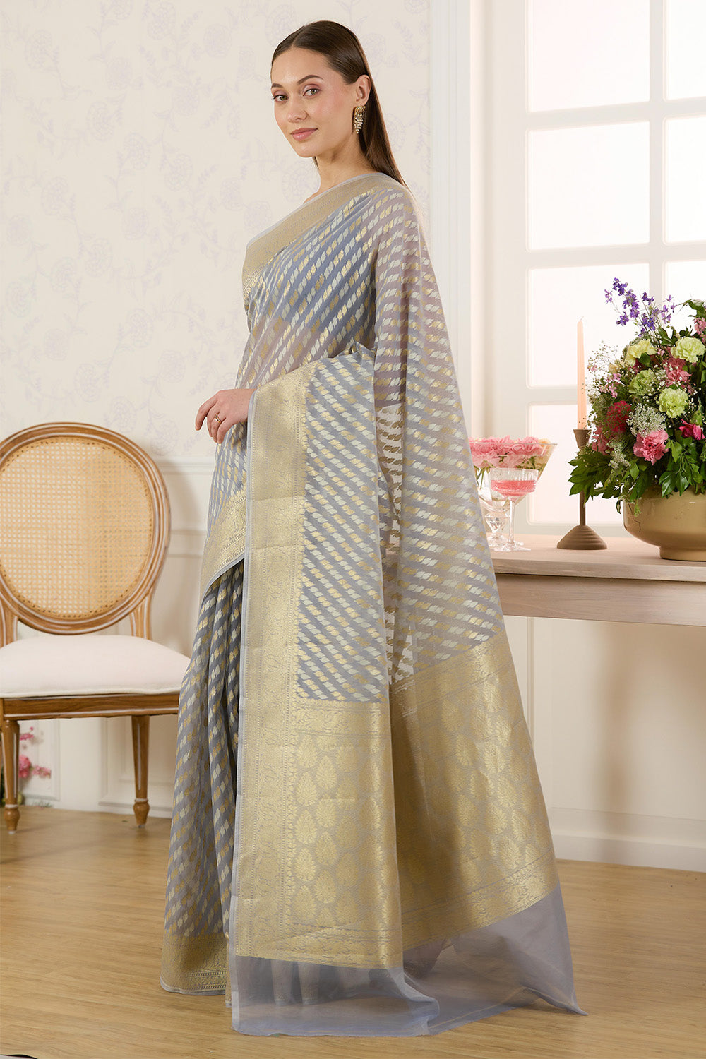 Grey Metalic Tissue Zari Woven Saree