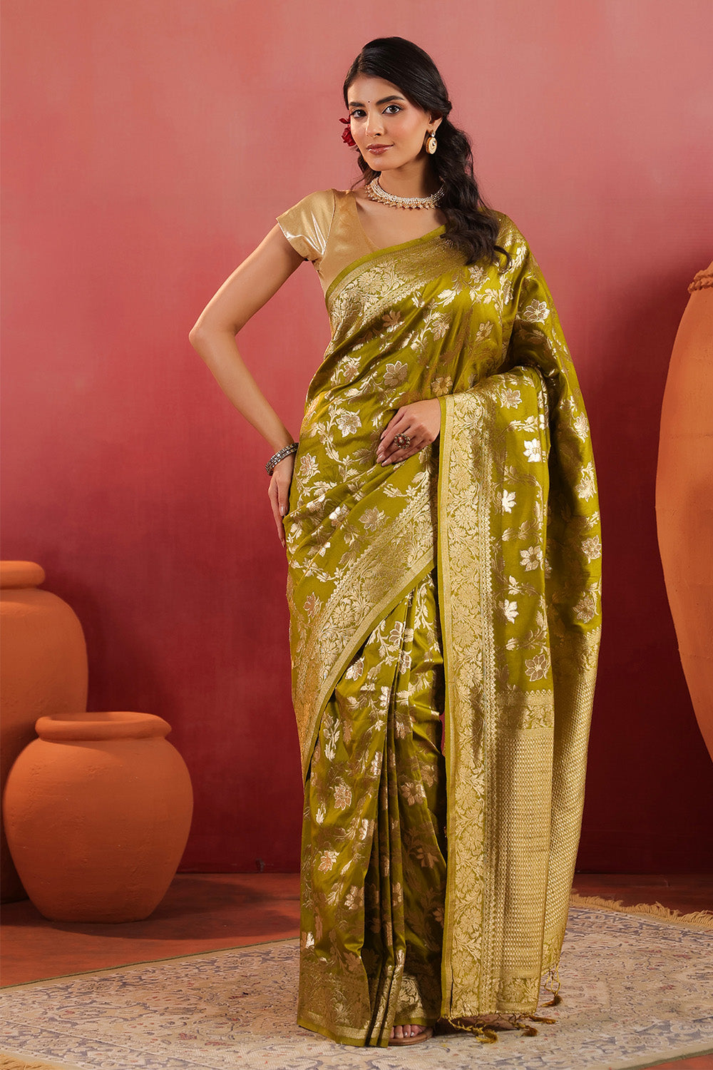 Sage Green Zari Floral Woven Silk Saree