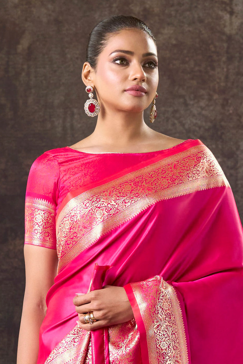 Dark Hot Pink Satin Silk Woven Saree