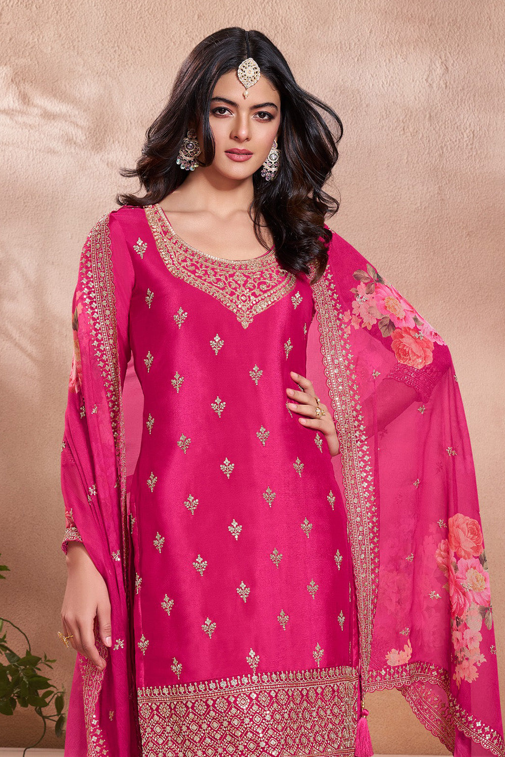 Hot Pink Silk Embroidered Suit With Palazzo