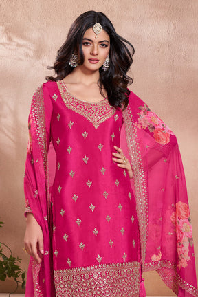 Hot Pink Silk Embroidered Suit With Palazzo