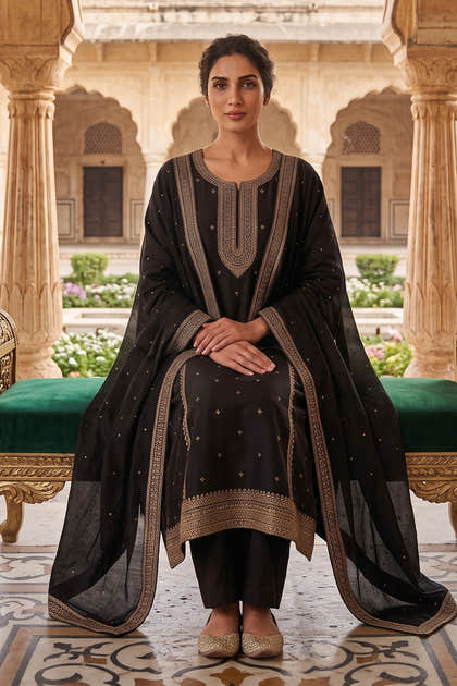 Black Crepe Silk Zari and Sequins Embroidered Anarkali Suit
