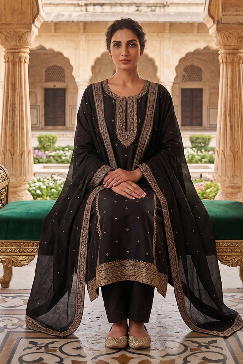 Black Crepe Silk Zari and Sequins Embroidered Anarkali Suit