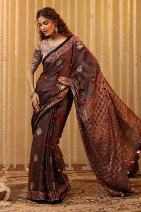 Light Brown Pure Mulberry Silk Printed And Embroidered Saree