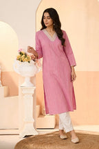 Pink Cotton Mirror Neck-Embroidered Kurta Set