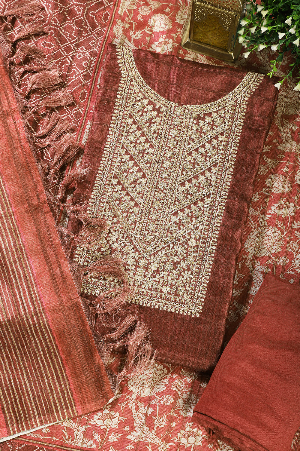 Maroon Tussar Silk Neck Zari Embroidered Unstitched Suit