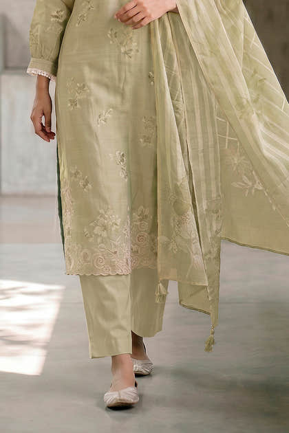 Pista Green Cotton Floral Resham Embroidered and Printed Unstitched Suit Material