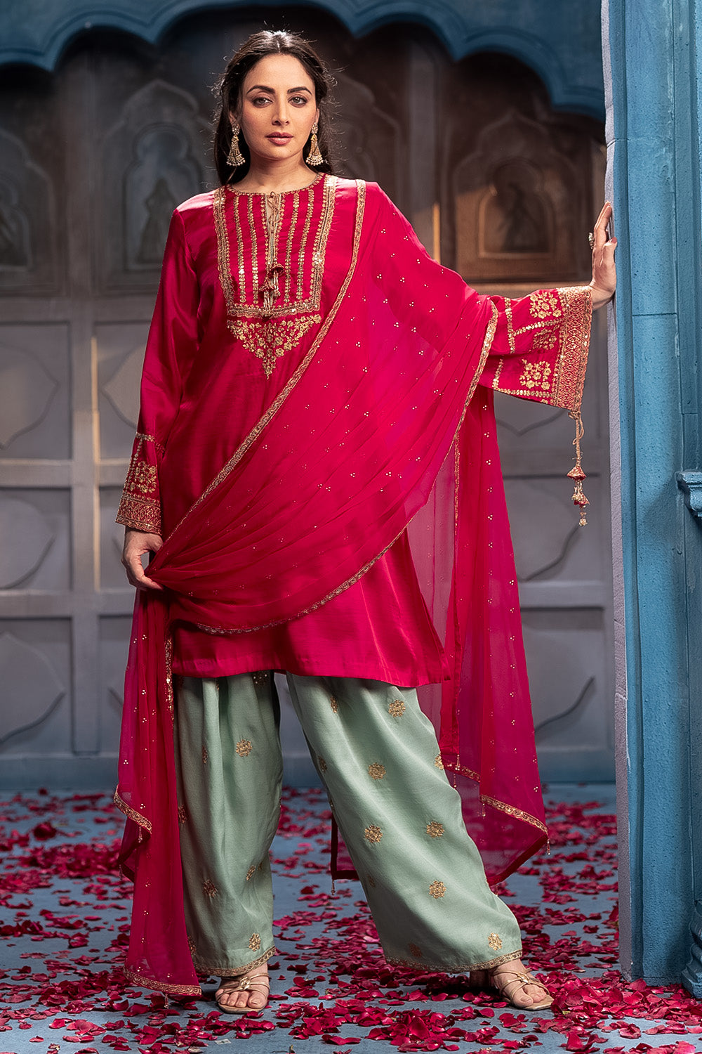 Cherry Red Sequins And Zari Embroidered Silk Suit Set