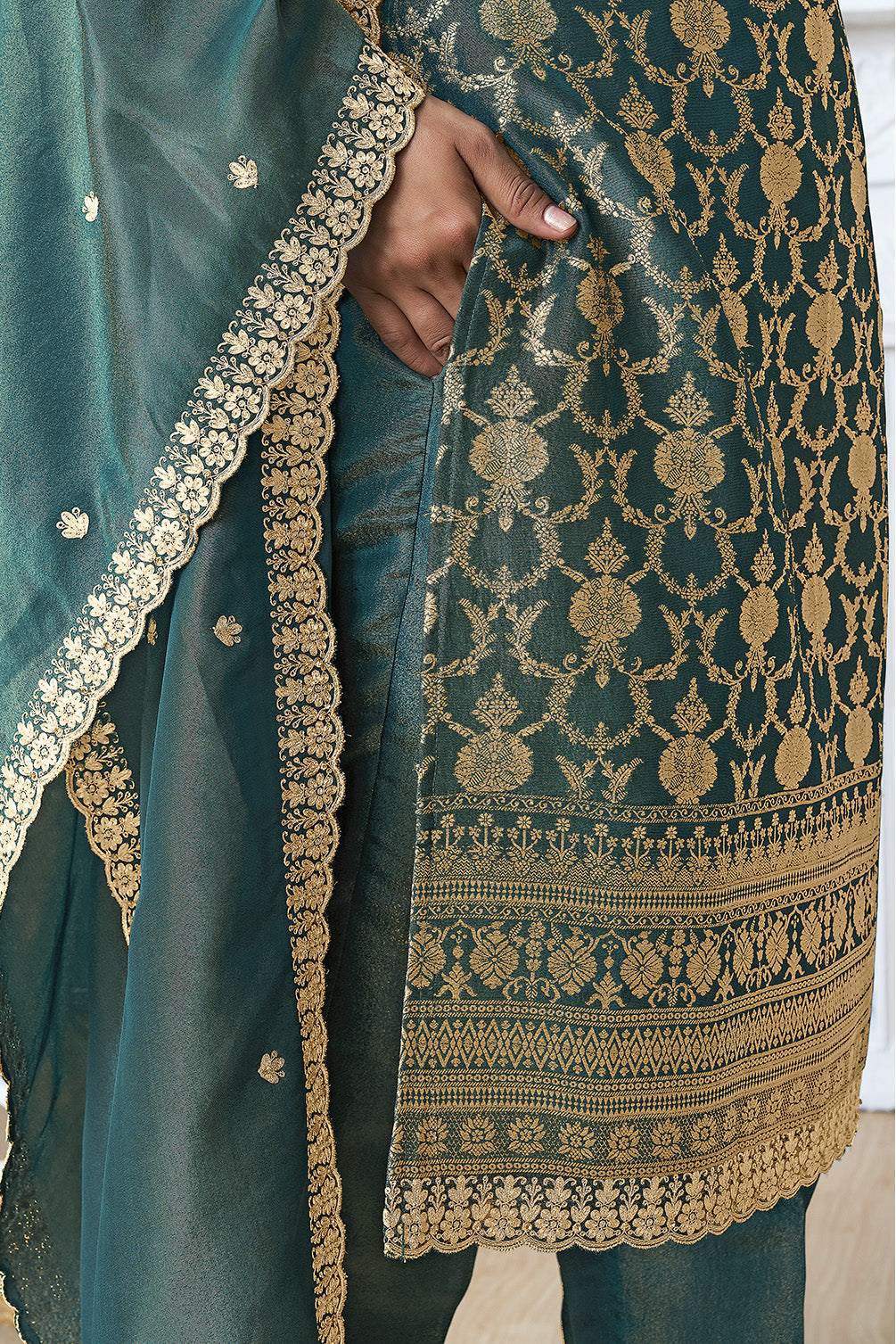 Teal Zari Floral Woven Silk Suit Set