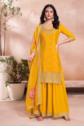 Yellow Crepe Silk Embroidered Suit With Palazzo