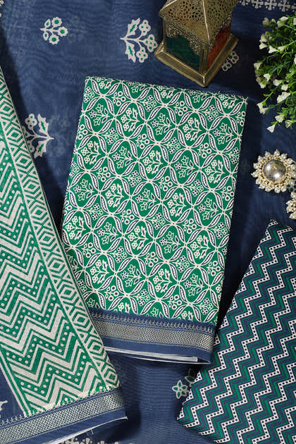 Green Cotton Ajrakh Block Print Unstitched Suit Material