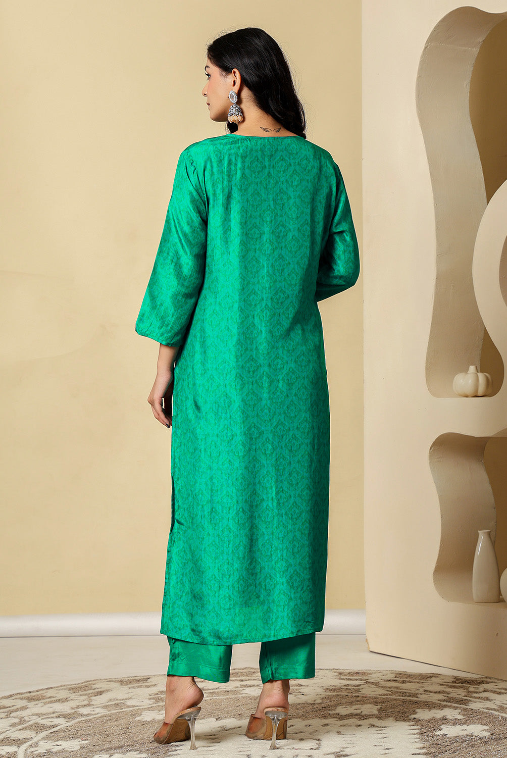Teal Crepe Silk Printed Suit