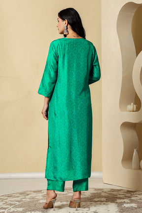 Teal Crepe Silk Printed Suit