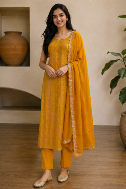 Mustard Crepe Silk Embroidered And Floral Printed Unstitched Suit Material