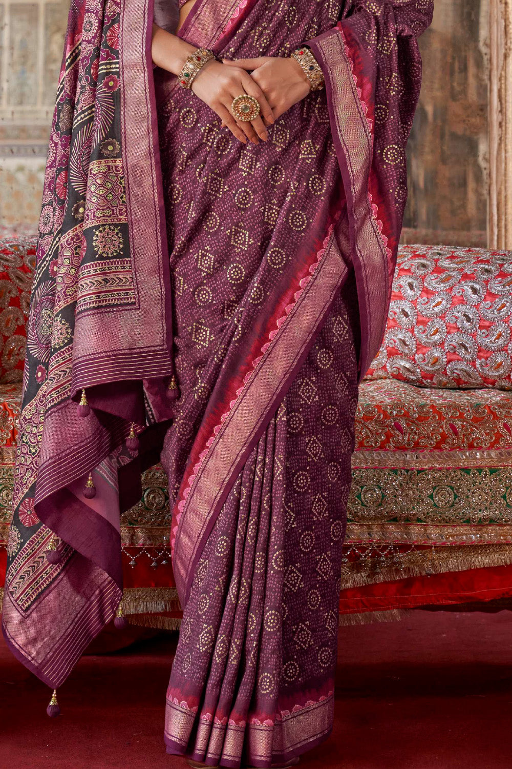 Wine Color Bandhani Printed Gajji Silk Saree