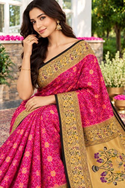 Magenta Silk Printed And Woven Border Saree