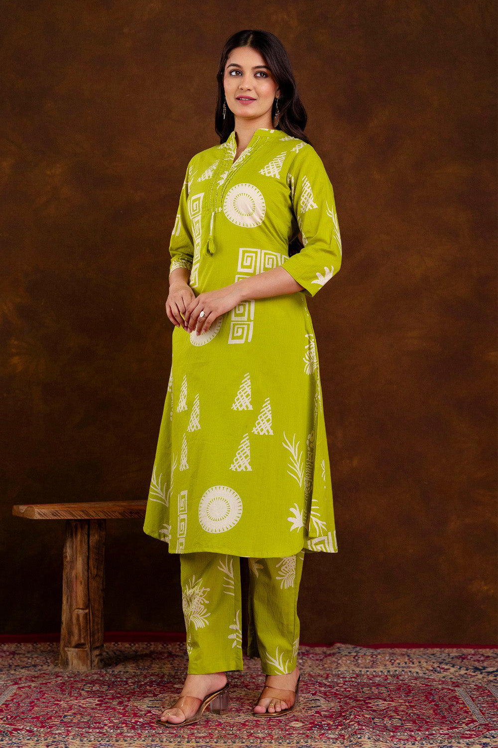 Light Green Block Printed Cotton Printed Kurta Set