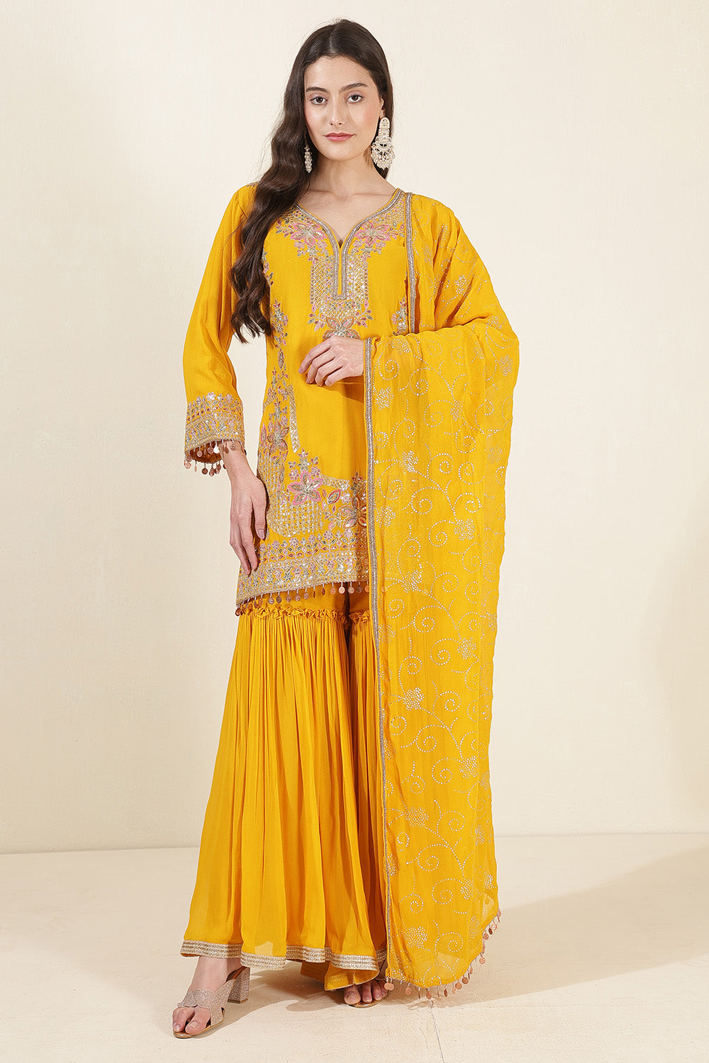 Mustard Color Georgette Embroidered Suit With Gharara