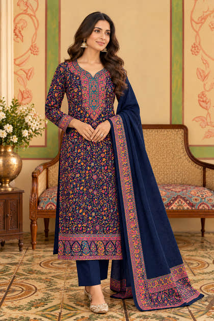 Navy Blue Pashmina Resham Woven Unstitched Suit Material