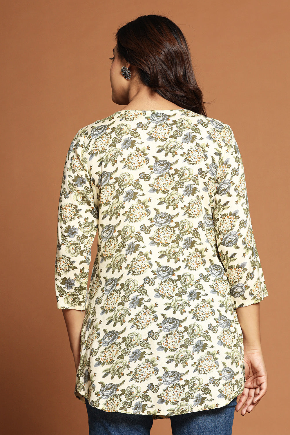 Beige & Green Color Floral Printed Kurti