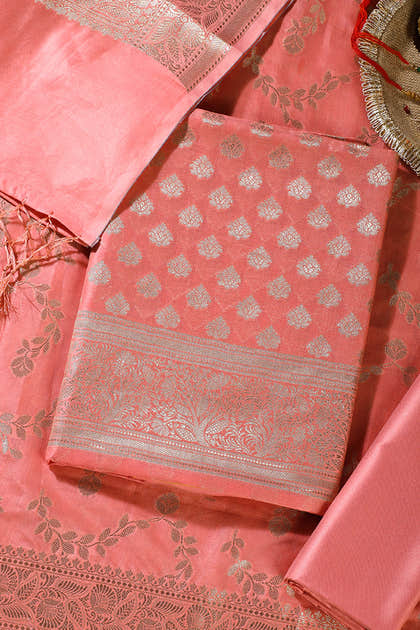 Peach Silk Zari Woven Unstitched Suit Fabric