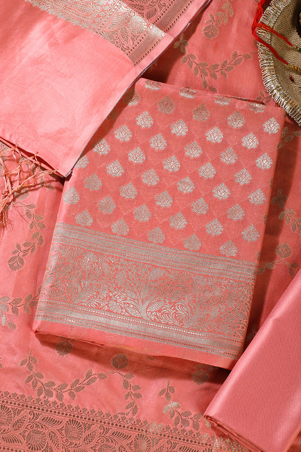 Peach Silk Zari Woven Unstitched Suit Fabric