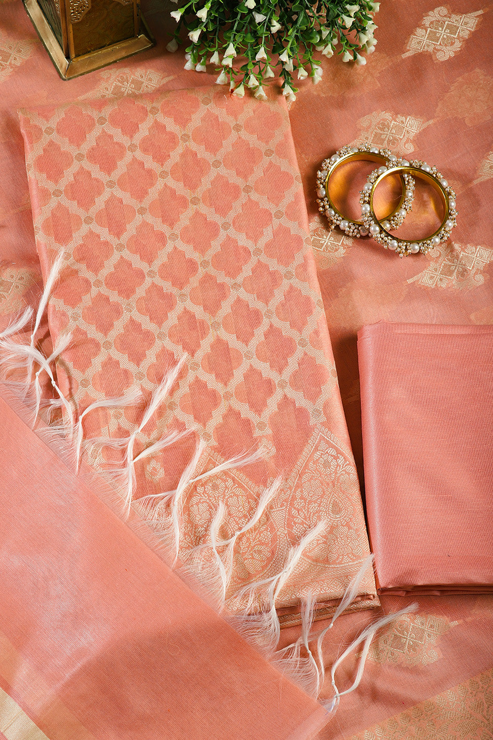 Peach Color Chanderi Cotton Woven Unstitched Suit Fabric