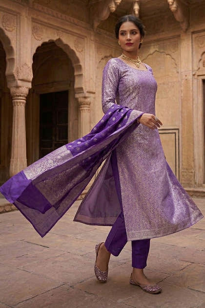 Purple Banarsi Silk Woven Unstitched Suit Material